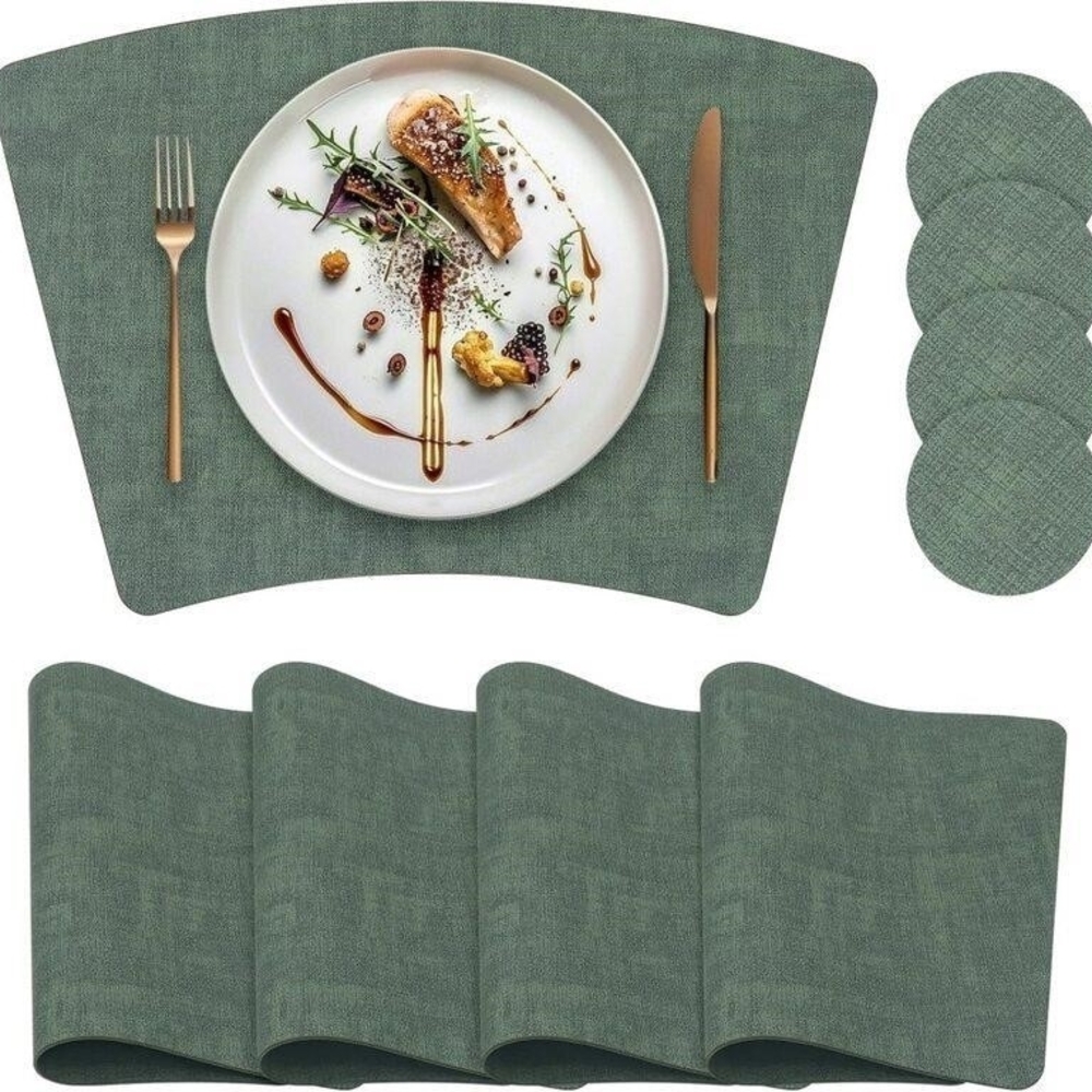 yuuzue Round Table Placemats Set of 4, Wedge Shaped Faux Leather Coasters